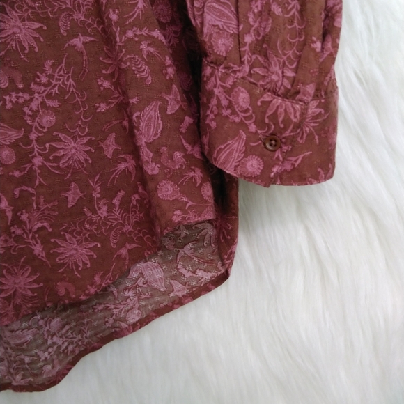 Hinge Brown and Pink Floral Pattern V Neck Long Sleeve Blouse Size 1 - Picture 7 of 10